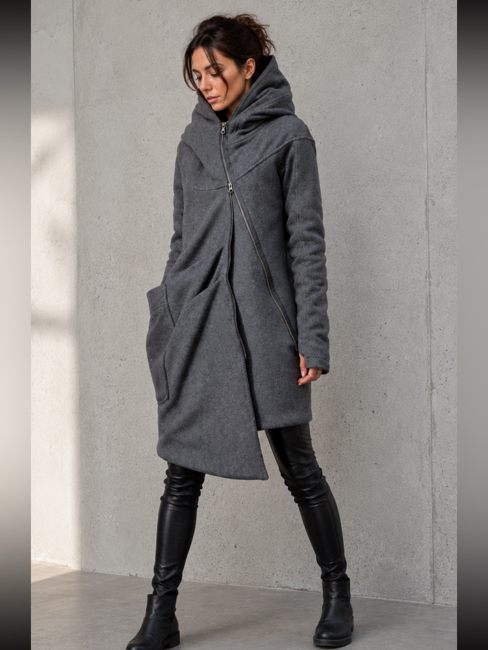Aakasha Avant-Garde Architectural Hooded Asymmetric Coat Gray S